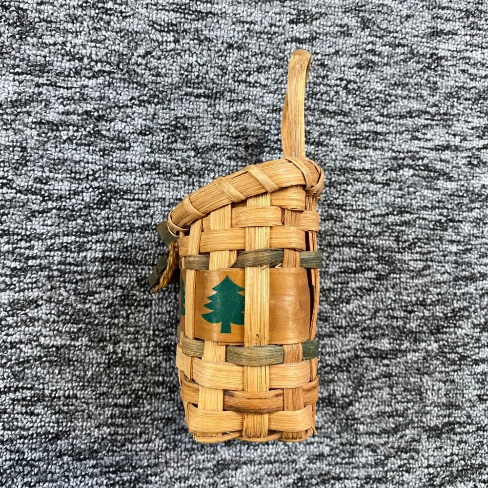 Vintage Christmas Woven Splint Basket Pine Tree Primitive Folk Art Decor